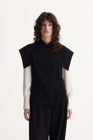 Tailored Blazer-Style Blouse With Satin Sleeves - Black & Ivory - Julia Allert
