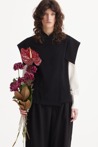 Tailored Blazer-Style Blouse With Satin Sleeves - Black & Ivory - Julia Allert