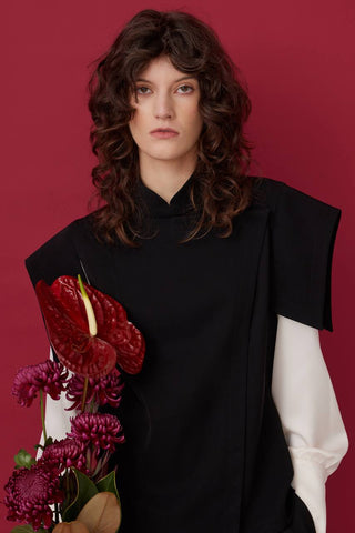 Tailored Blazer-Style Blouse With Satin Sleeves - Black & Ivory - Julia Allert