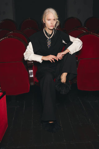 Tailored Blazer-Style Blouse With Satin Sleeves - Black & Ivory - Julia Allert
