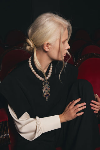 Tailored Blazer-Style Blouse With Satin Sleeves - Black & Ivory - Julia Allert