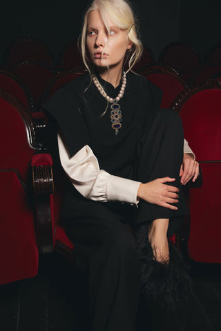 Tailored Blazer-Style Blouse With Satin Sleeves - Black & Ivory - Julia Allert