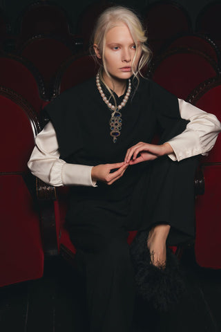 Tailored Blazer-Style Blouse With Satin Sleeves - Black & Ivory - Julia Allert