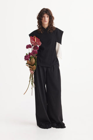 Tailored Blazer-Style Blouse With Satin Sleeves - Black & Ivory - Julia Allert