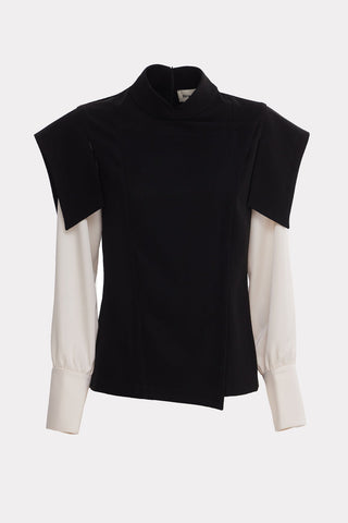 Tailored Blazer-Style Blouse With Satin Sleeves - Black & Ivory - Julia Allert