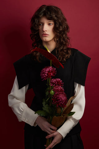 Tailored Blazer-Style Blouse With Satin Sleeves - Black & Ivory - Julia Allert