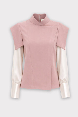 Tailored Blazer-Style Blouse With Satin Sleeves - Pink & Ivory - Julia Allert