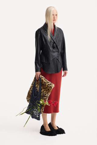 Textured Faux-Leather Tailored Blazer – Black Croc-Effect