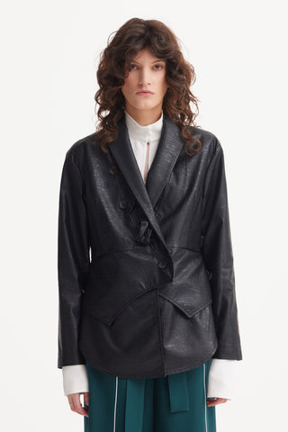 Croc-Effect Faux Leather Wrap Blazer Jacket – Black