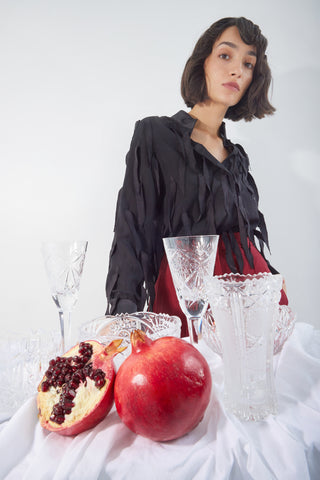 Semi-Sheer Evening Blouse - Textured Crepe Black