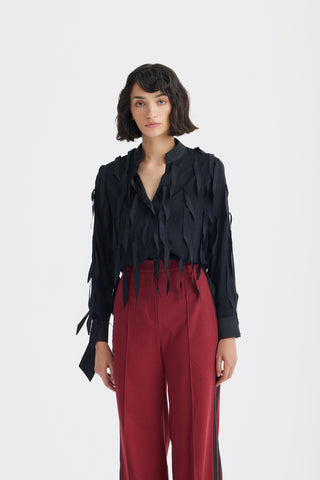 Semi-Sheer Evening Blouse - Textured Crepe Black