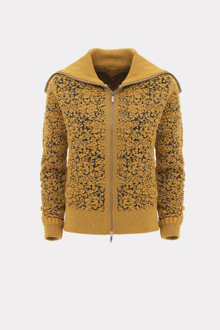 Textured Floral Zip-Up Wool-Blend Sweater – Mustard Yellow