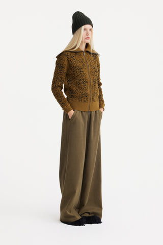 Textured Floral Zip-Up Wool-Blend Sweater – Mustard Yellow