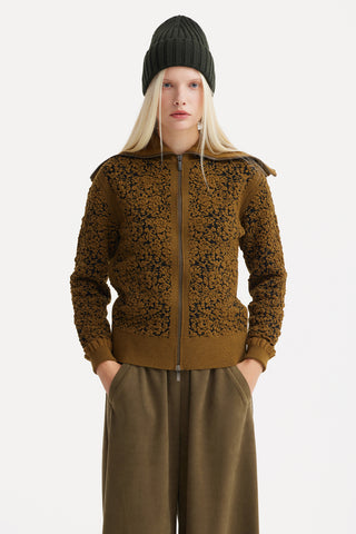 Textured Floral Zip-Up Wool-Blend Sweater – Mustard Yellow