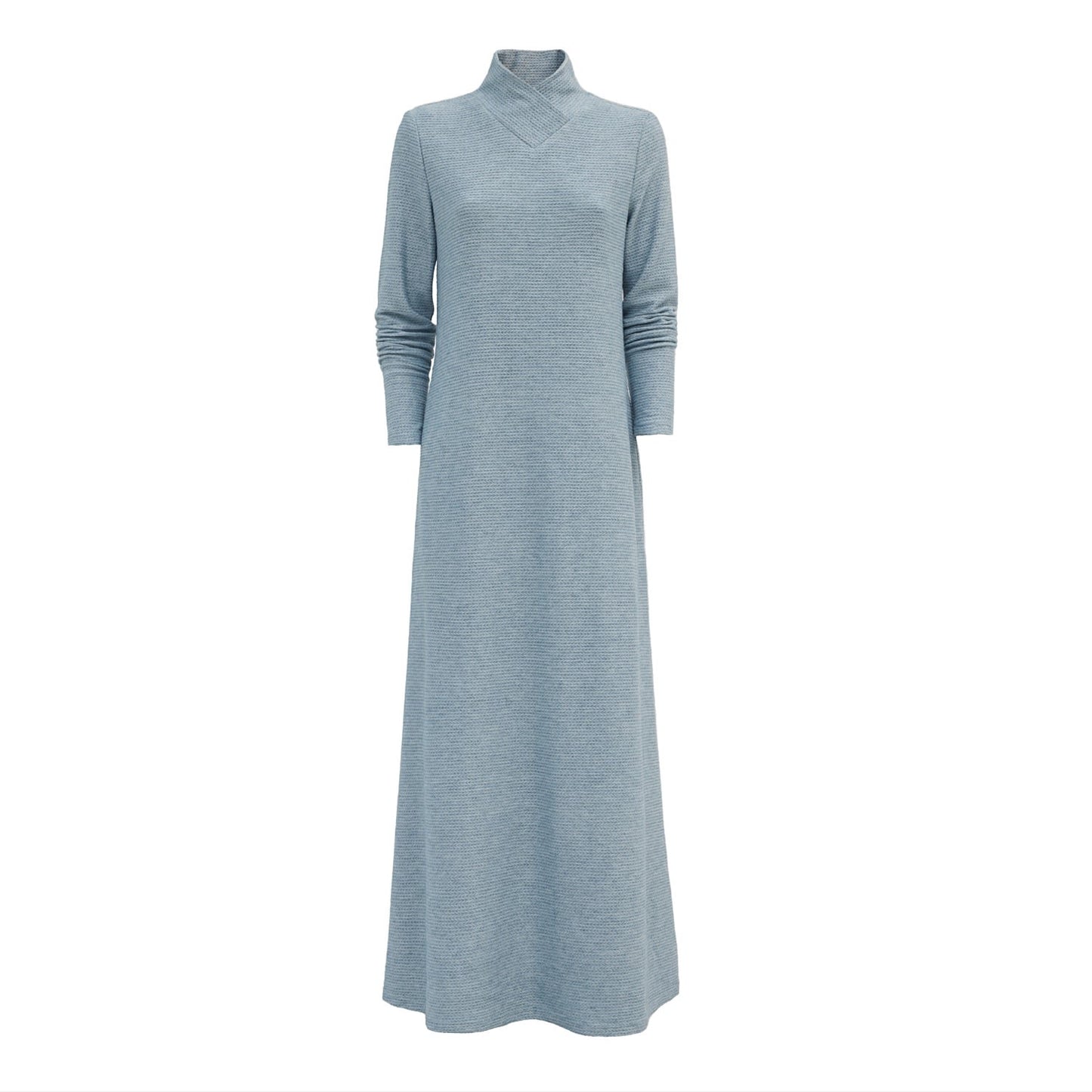 Textured Knit Floor-Length Long Sleeve Dress Light Blue