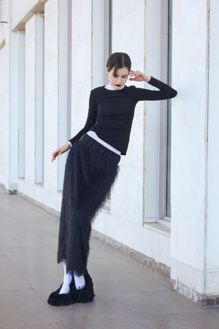 Textured Pile Column Midi Skirt – Black - Julia Allert