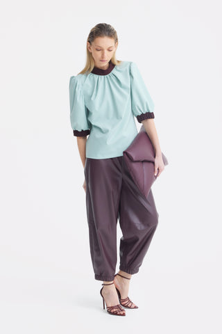 High-Waisted Wide Leg Faux Leather Joggers Dark Burgundy