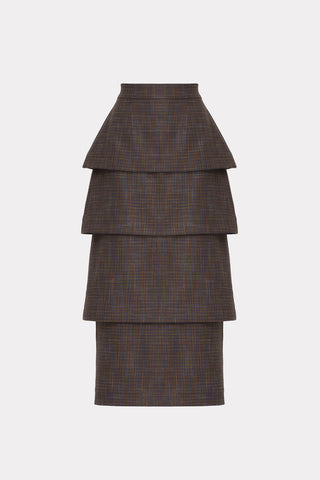 Tiered High Waist Midi Skirt - Brown-Grey Checked - Julia Allert