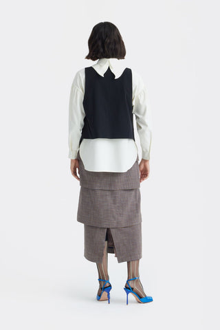 Tiered High Waist Midi Skirt - Brown-Grey Checked - Julia Allert