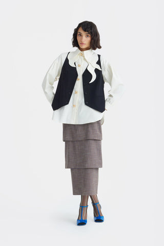 Tiered High Waist Midi Skirt - Brown-Grey Checked - Julia Allert