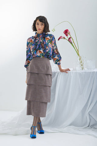 Tiered High Waist Midi Skirt - Brown-Grey Checked - Julia Allert