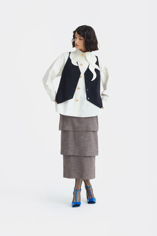 Tiered High Waist Midi Skirt - Brown-Grey Checked - Julia Allert
