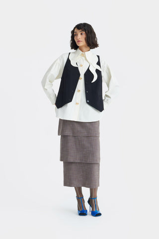 Tiered High Waist Midi Skirt - Brown-Grey Checked - Julia Allert