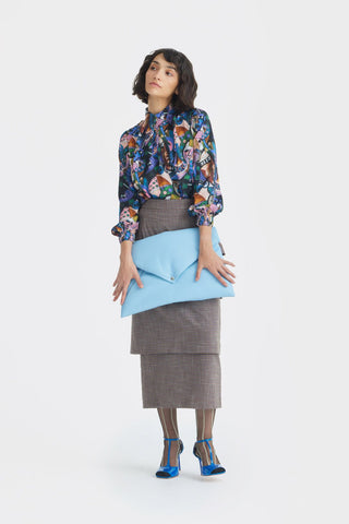 Tiered High Waist Midi Skirt - Brown-Grey Checked - Julia Allert