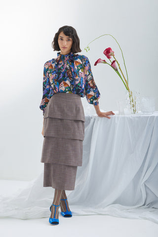 Tiered High Waist Midi Skirt - Brown-Grey Checked