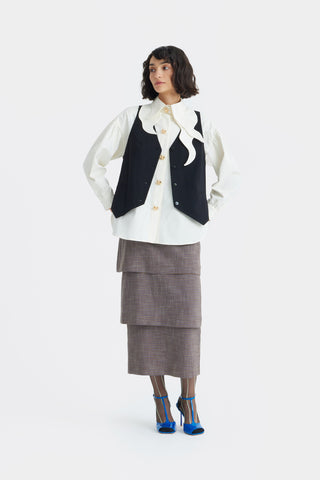 Tiered High Waist Midi Skirt - Brown-Grey Checked