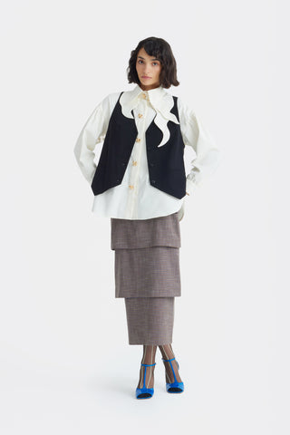 Tiered High Waist Midi Skirt - Brown-Grey Checked
