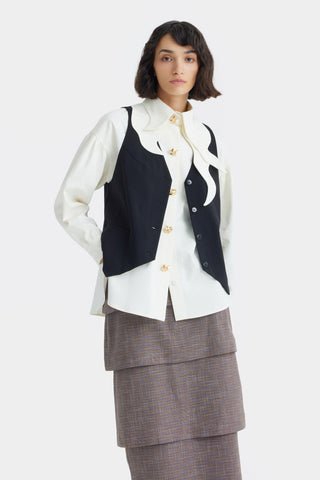 Vintage-Inspired Blouse And Suit Style Vest - Set Ivory & Black
