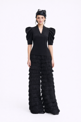 V-Neck Puff Sleeve Top - Black