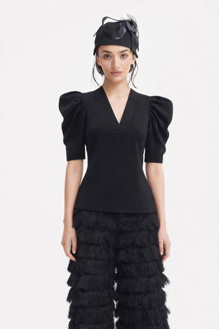 V-Neck Puff Sleeve Top - Black