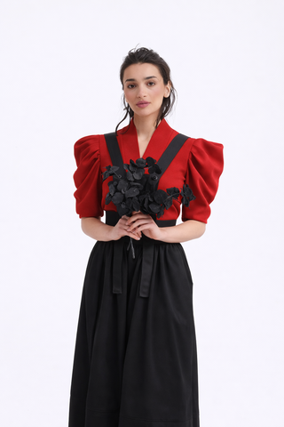 V-Neck Puff Sleeve Top - Red