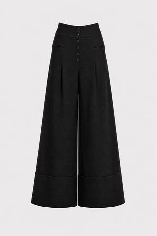 Button Front Palazzo Trousers - Black Micro Dot