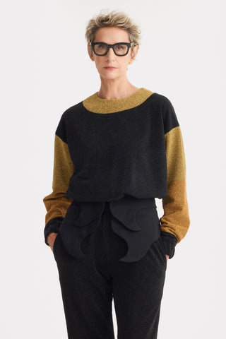 Two-Tone Lurex Relaxed Fit Sweater With Crew Neckline – Black-Gold