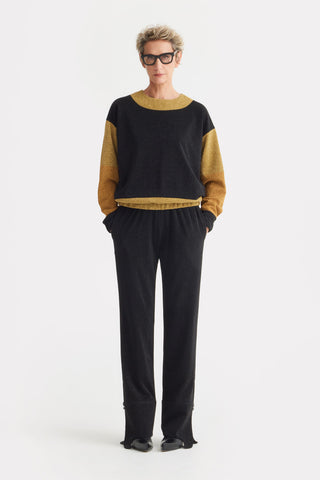Two-Tone Lurex Relaxed Fit Sweater With Crew Neckline – Black-Gold
