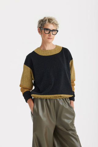 Two-Tone Lurex Relaxed Fit Sweater With Crew Neckline – Black-Gold