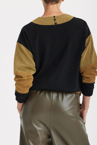 Two-Tone Lurex Relaxed Fit Sweater With Crew Neckline – Black-Gold