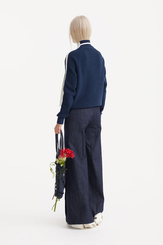 Two-Tone Ribbed Wool Sweater – Navy & White - Julia Allert