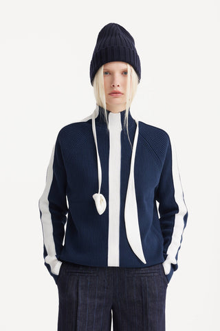 Two-Tone Ribbed Wool Sweater – Navy & White - Julia Allert