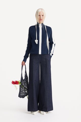 High-Waist Wide-Leg Denim Pants Subtle Striped