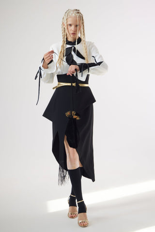 Unique Asymmetric Draped Skirt With Fringe Black - Julia Allert