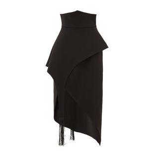 Unique Asymmetric Draped Skirt With Fringe Black