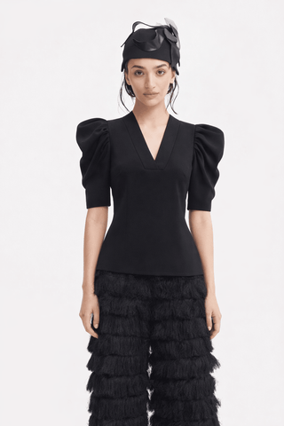 V-Neck Puff Sleeve Top - Black - Julia Allert