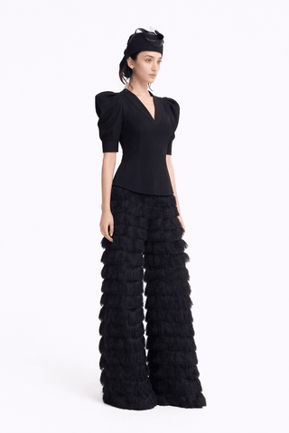 V-Neck Puff Sleeve Top - Black - Julia Allert