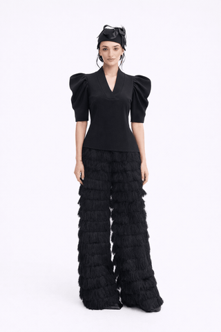 V-Neck Puff Sleeve Top - Black - Julia Allert