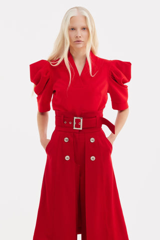 V-Neck Puff Sleeve Top - Red - Julia Allert