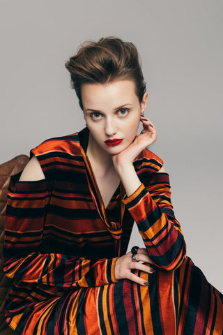 Vintage Cut-Out Shoulder Velvet Dress - Burgundy
